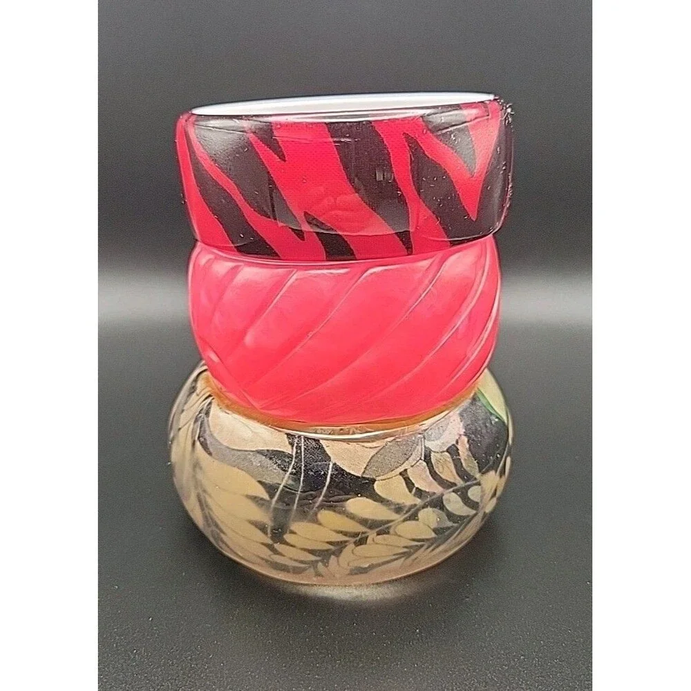 Vintage Chunky Bangle Bracelet Lot 3 Pink Tiger Lucite Carved Resin Wood Leaf